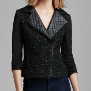 Bailey 44 Tweed Faux Leather Quilted Collar Trim Moto Jacket